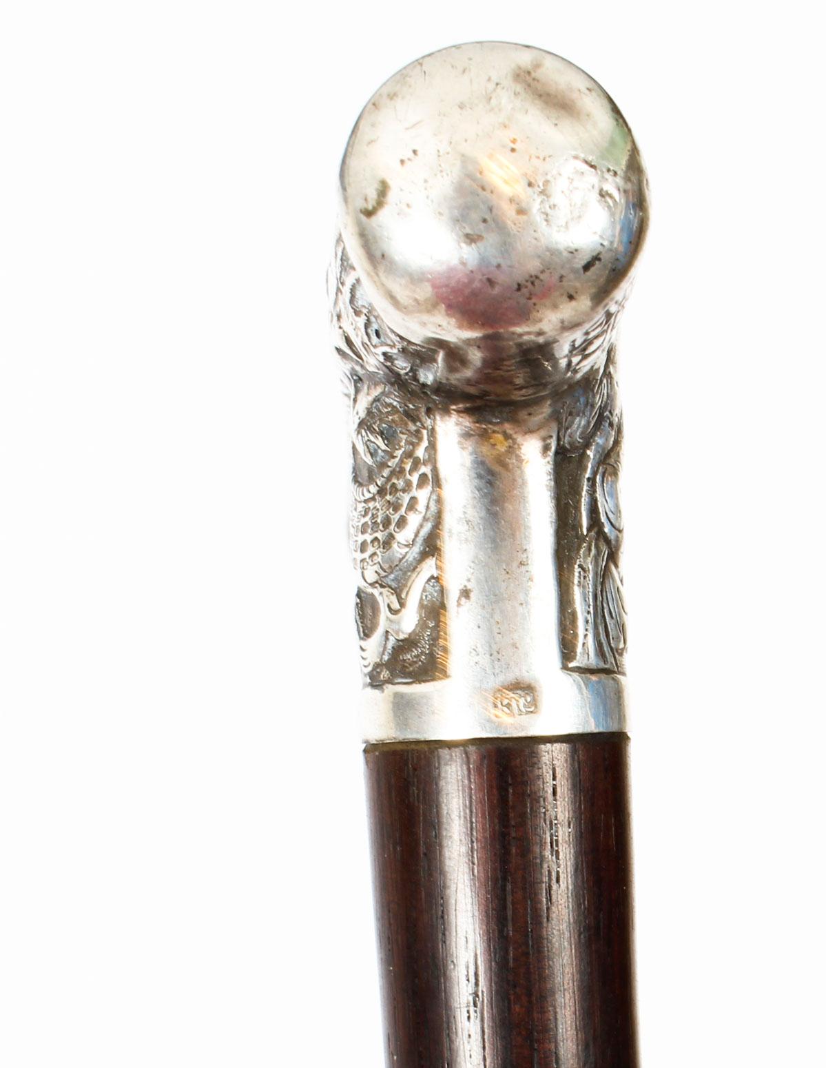 Antique Chinese Silver Walking Stick Cane with L-shaped Handle, 19th Century In Good Condition In London, GB