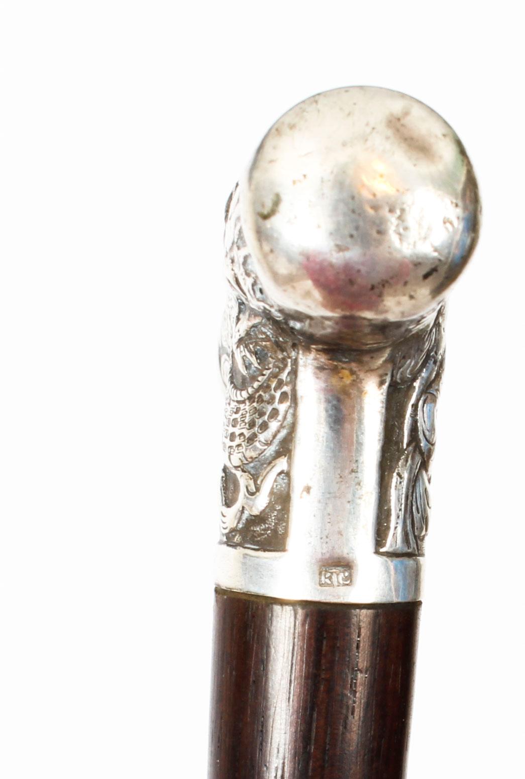 Early 20th Century Antique Chinese Silver Walking Stick Cane with L-shaped Handle, 19th Century