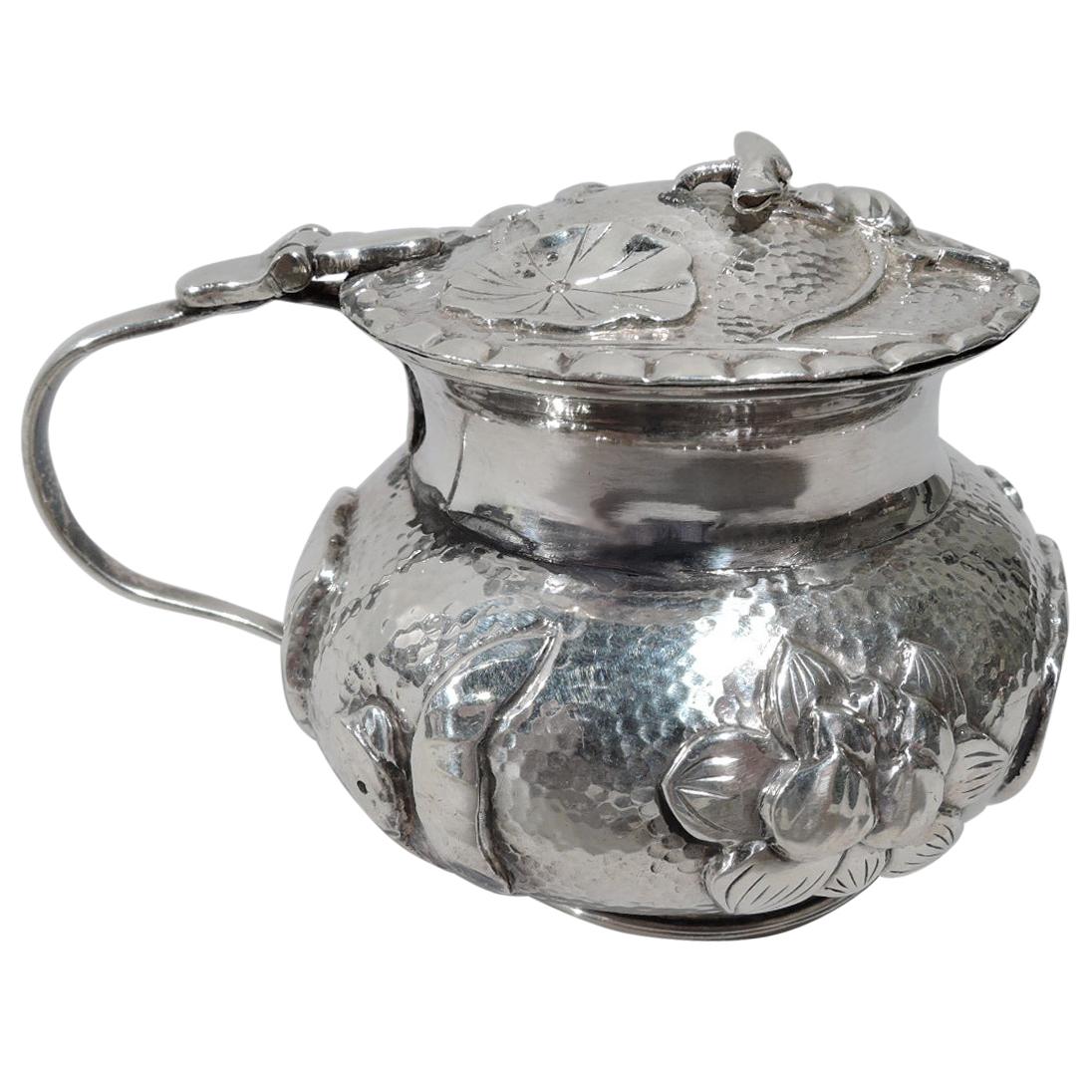 Antique Chinese Silver Water Lily Mustard Pot For Sale