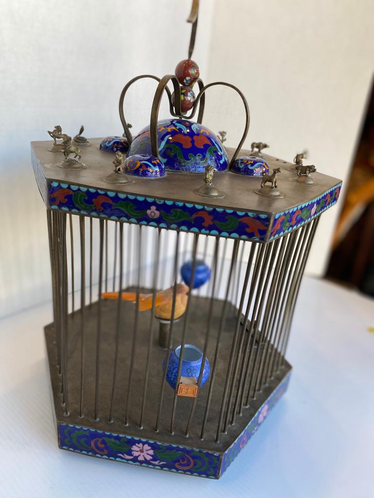 Antique Chinese Silver Zodiac Animals Atop Cloisonne' Birdcage In Good Condition In Sarasota, FL