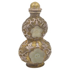Antique Chinese Silvered Copper Alloy White Jade Inset Snuff Bottle Qing c.1900