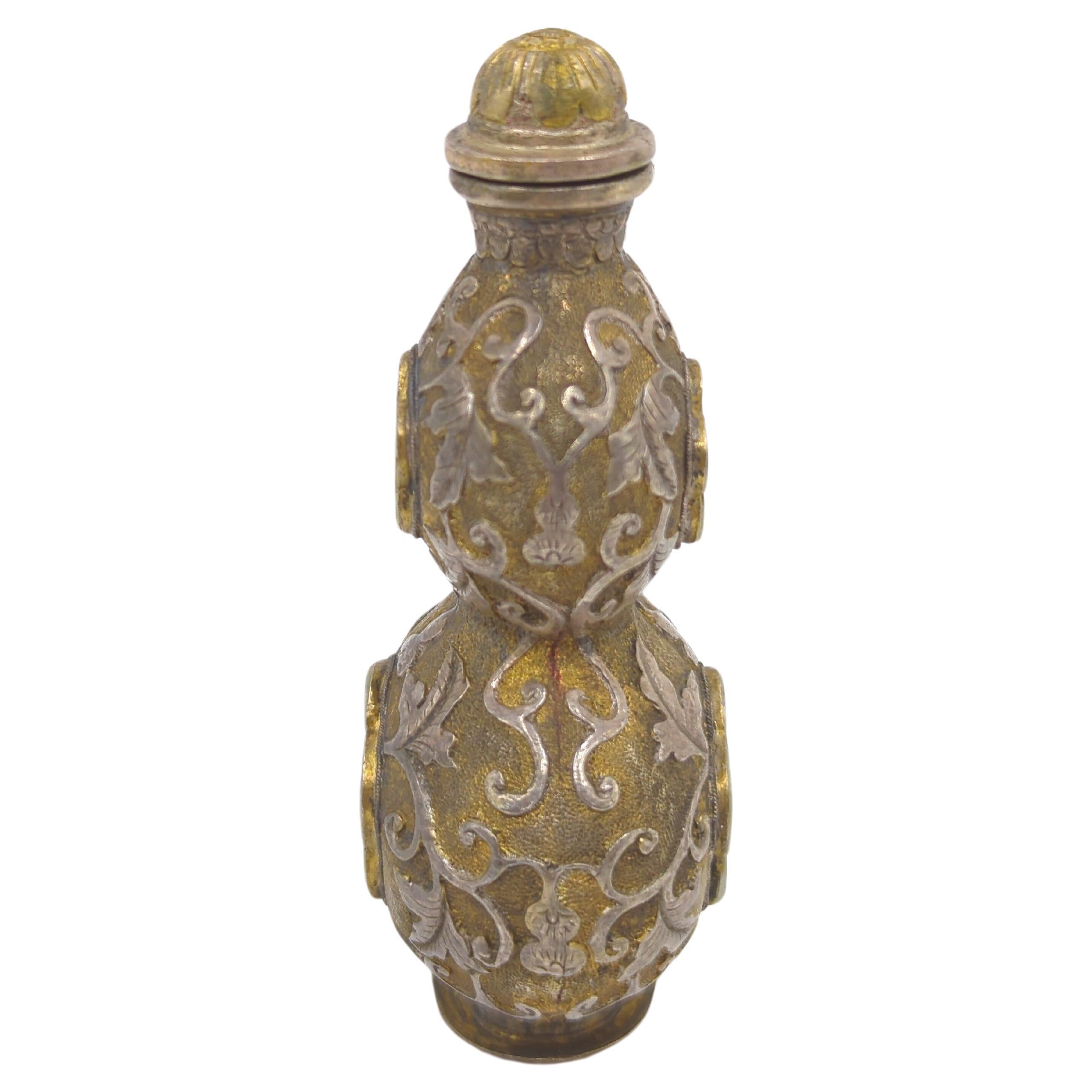 Hand-Carved Antique Chinese Silvered Copper Alloy White Jade Inset Snuff Bottle Qing c.1900 For Sale