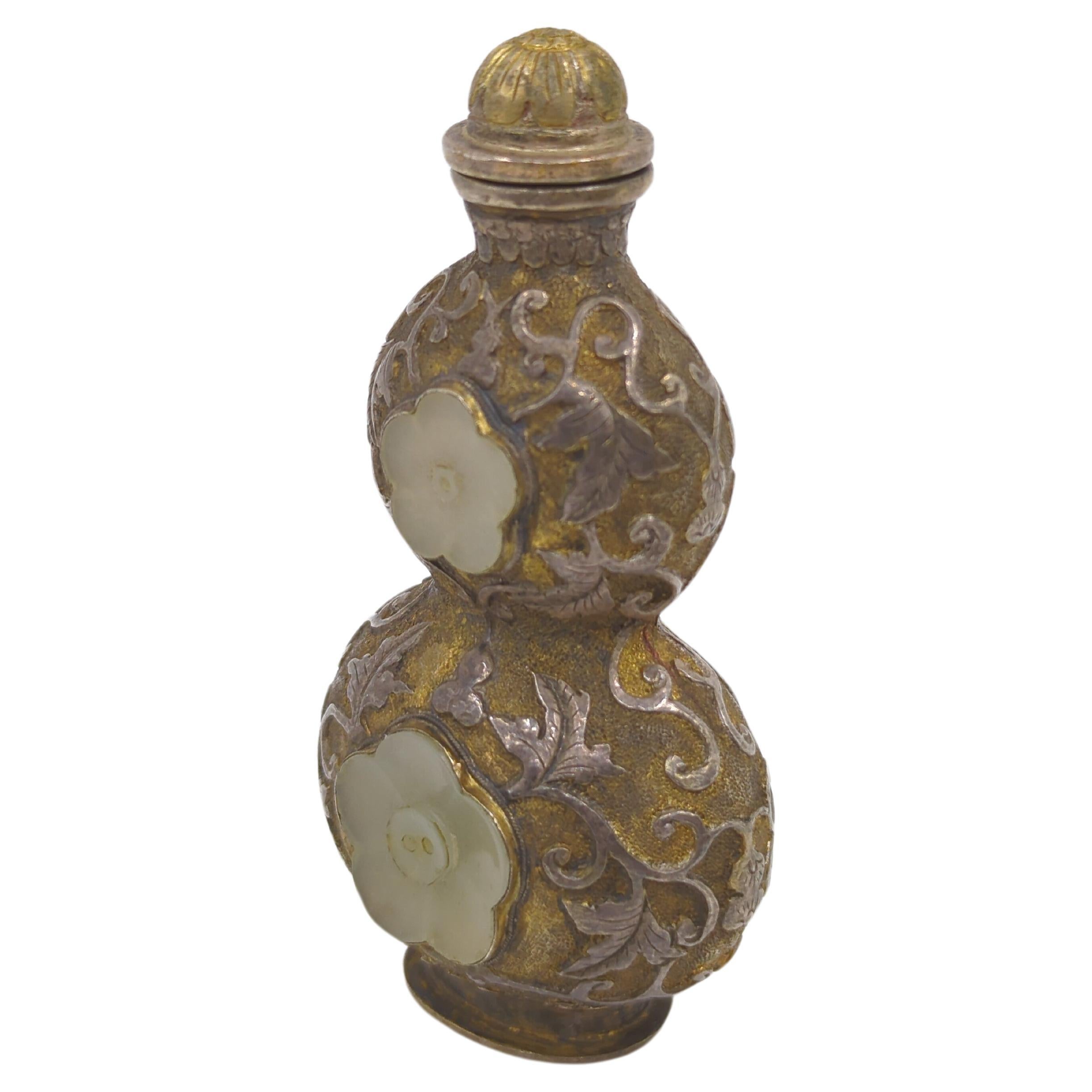 Antique Chinese Silvered Copper Alloy White Jade Inset Snuff Bottle Qing c.1900 In Good Condition For Sale In Richmond, CA