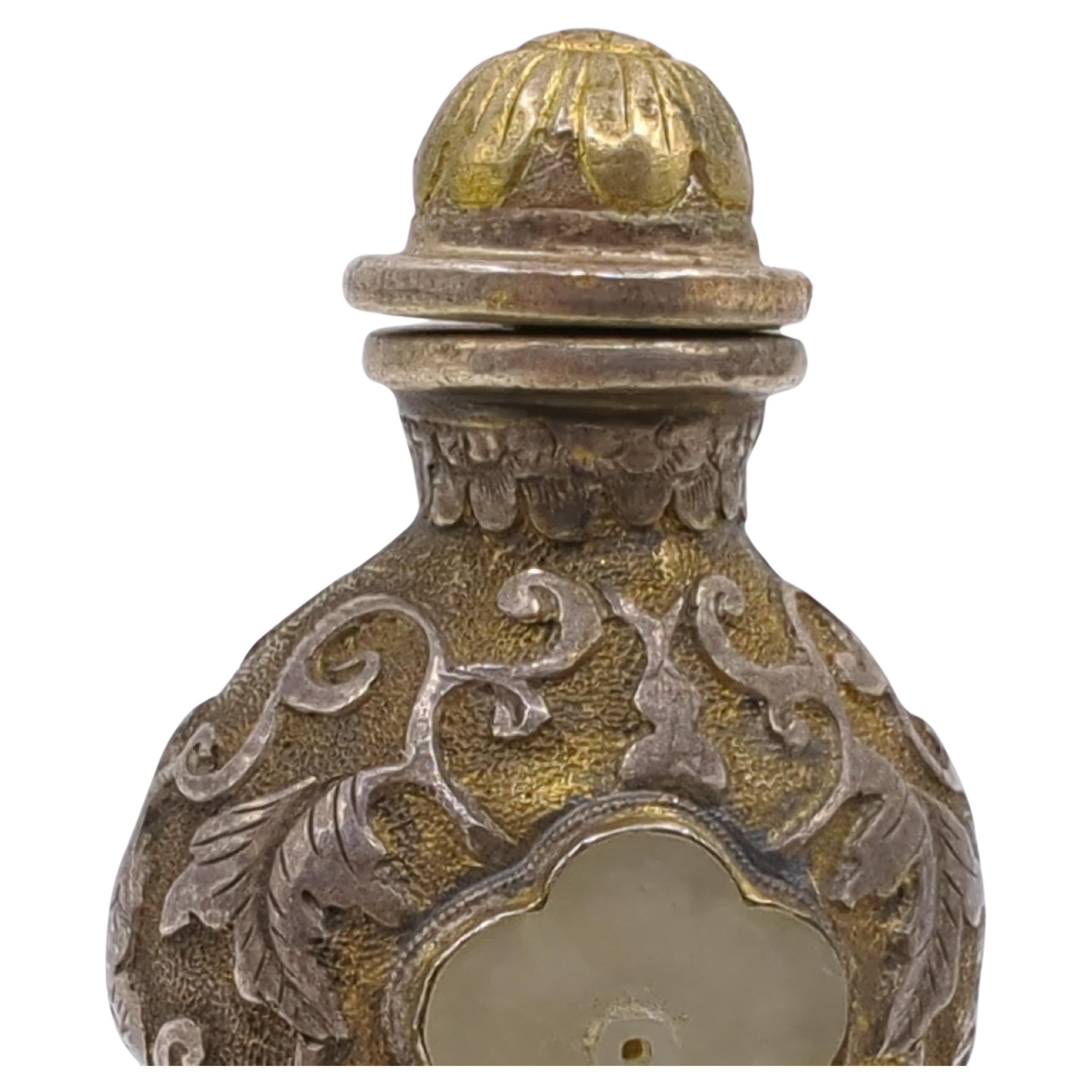 Antique Chinese Silvered Copper Alloy White Jade Inset Snuff Bottle Qing c.1900 For Sale 1