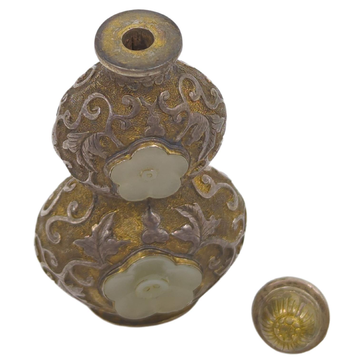 Antique Chinese Silvered Copper Alloy White Jade Inset Snuff Bottle Qing c.1900 For Sale 2