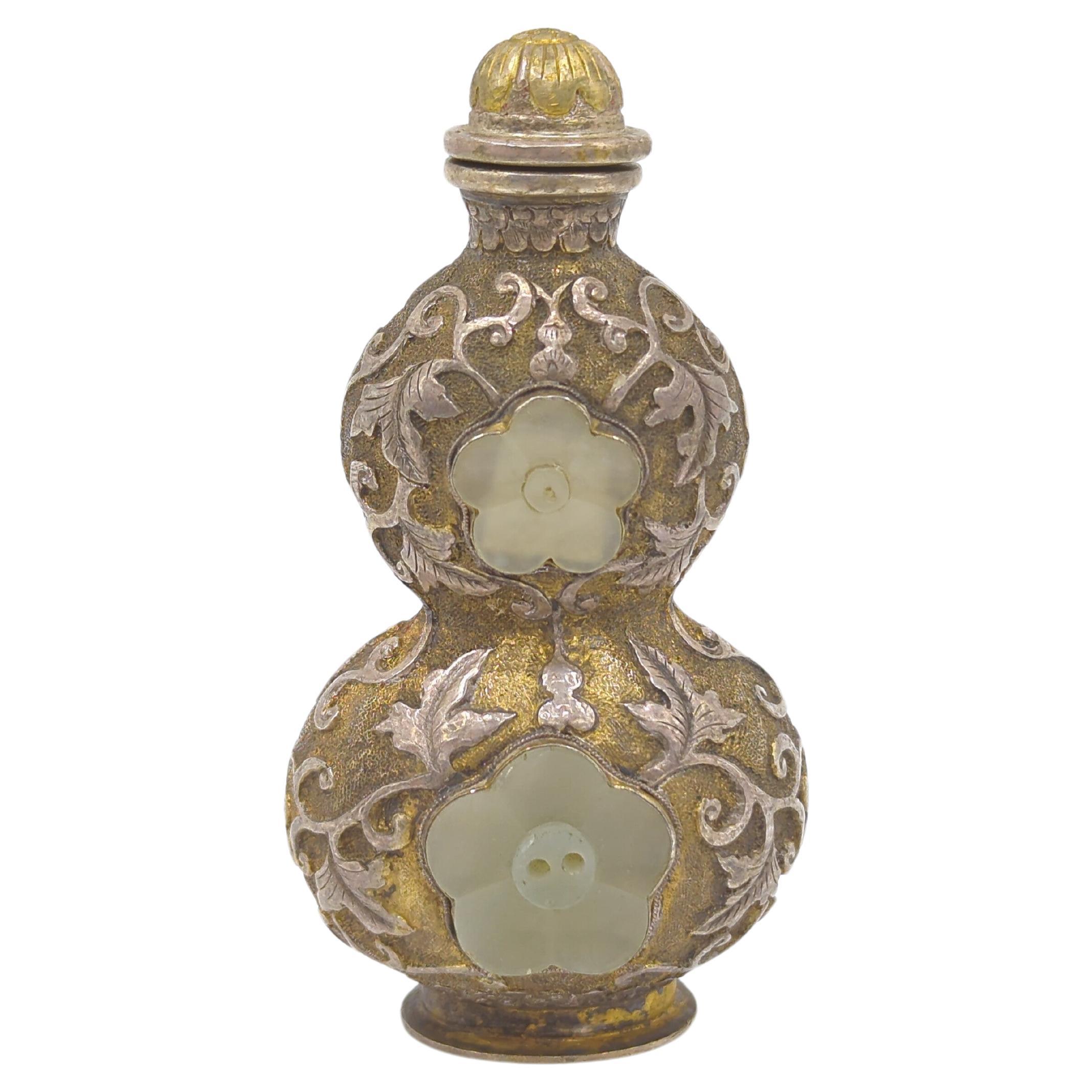 Antique Chinese Silvered Copper Alloy White Jade Inset Snuff Bottle Qing c.1900 For Sale