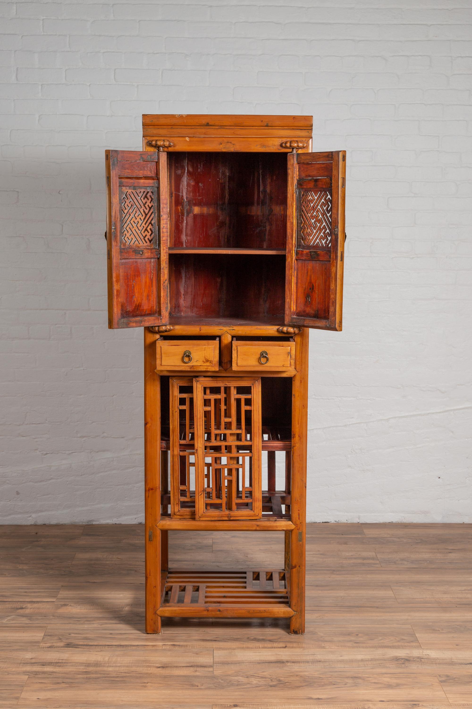 Antique Chinese Slender Kitchen Cabinet with Doors, Drawers and Open Fretwork 2