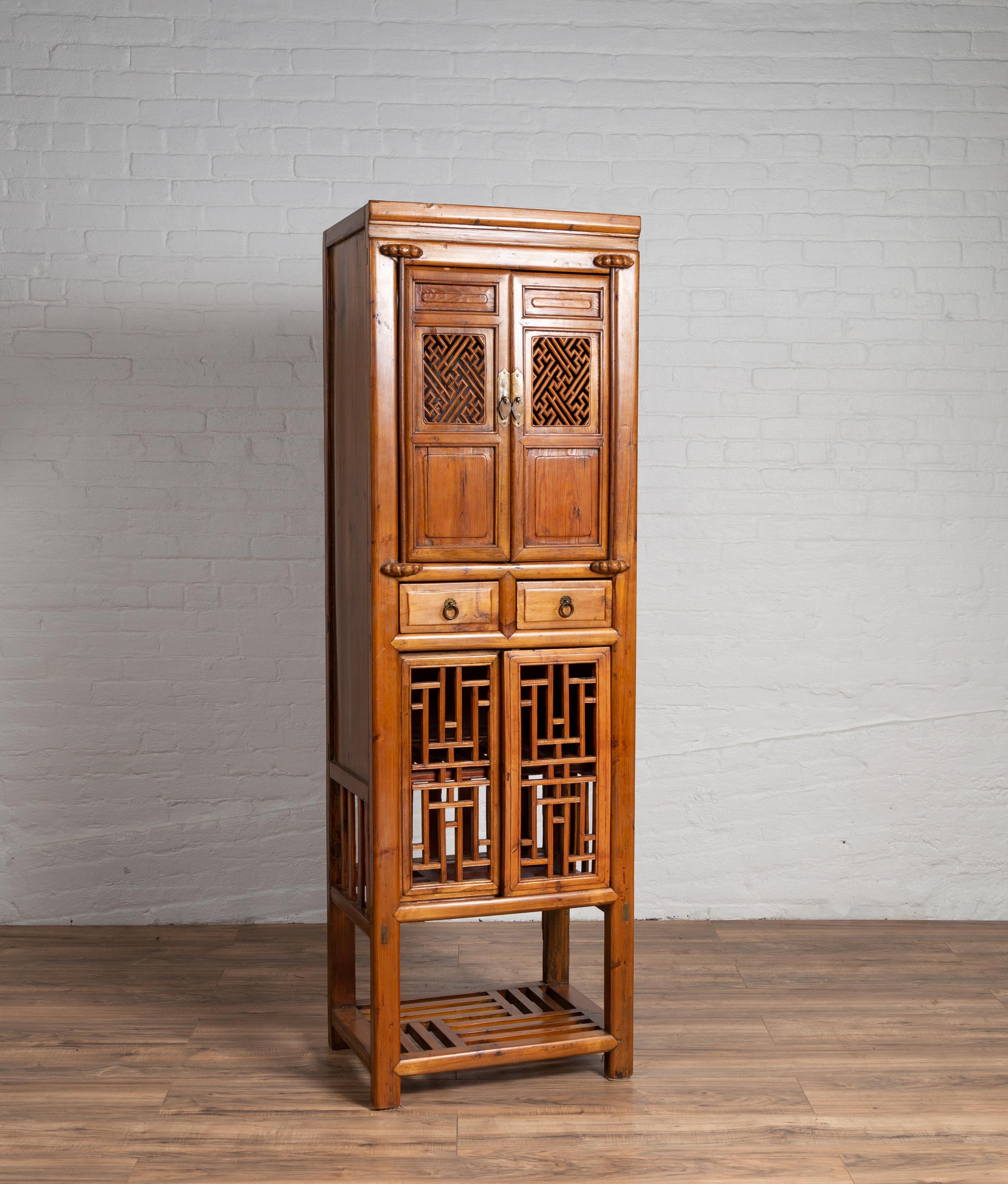Antique Chinese Slender Kitchen Cabinet with Doors, Drawers and Open Fretwork 3