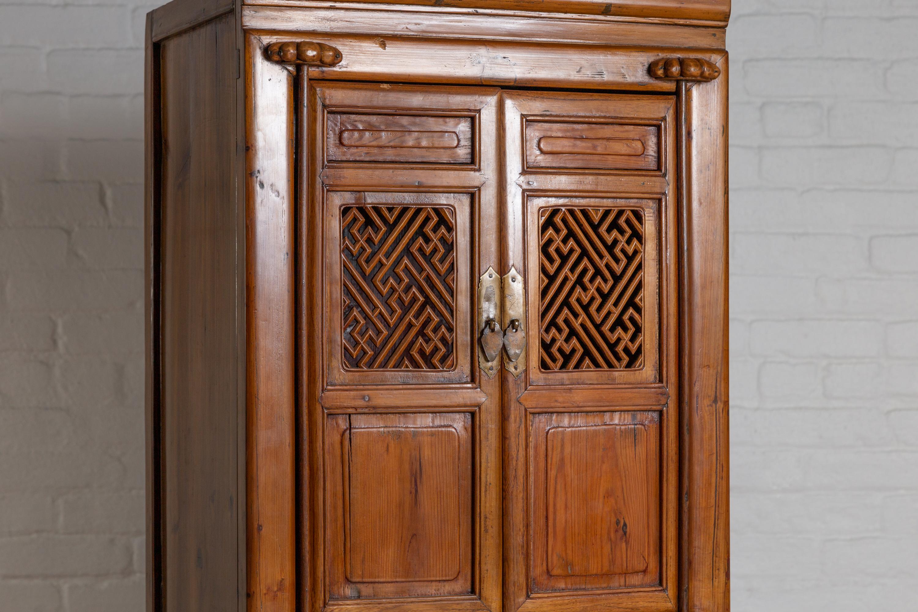 Antique Chinese Slender Kitchen Cabinet with Doors, Drawers and Open Fretwork 4