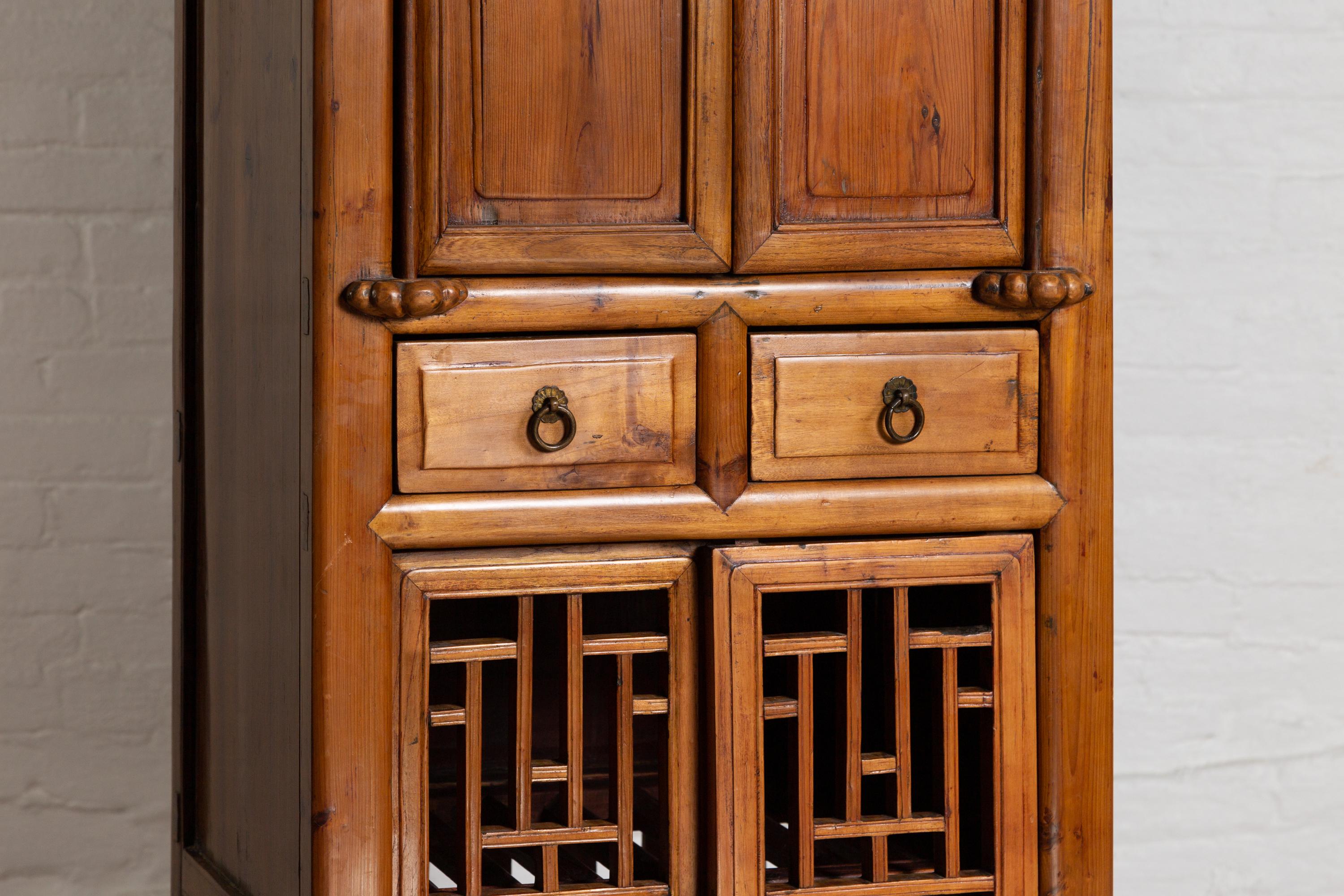 Antique Chinese Slender Kitchen Cabinet with Doors, Drawers and Open Fretwork 5