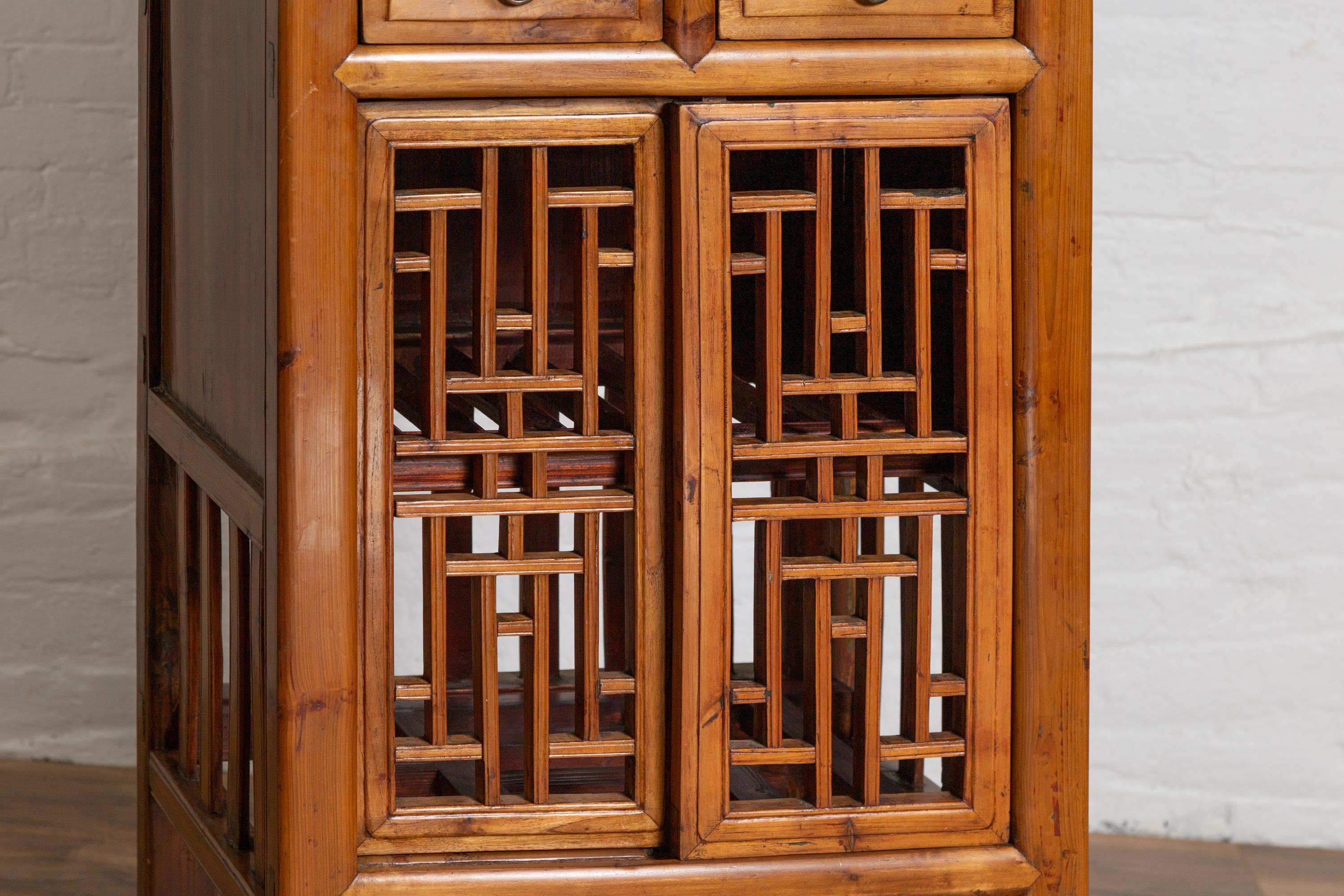 Antique Chinese Slender Kitchen Cabinet with Doors, Drawers and Open Fretwork 6