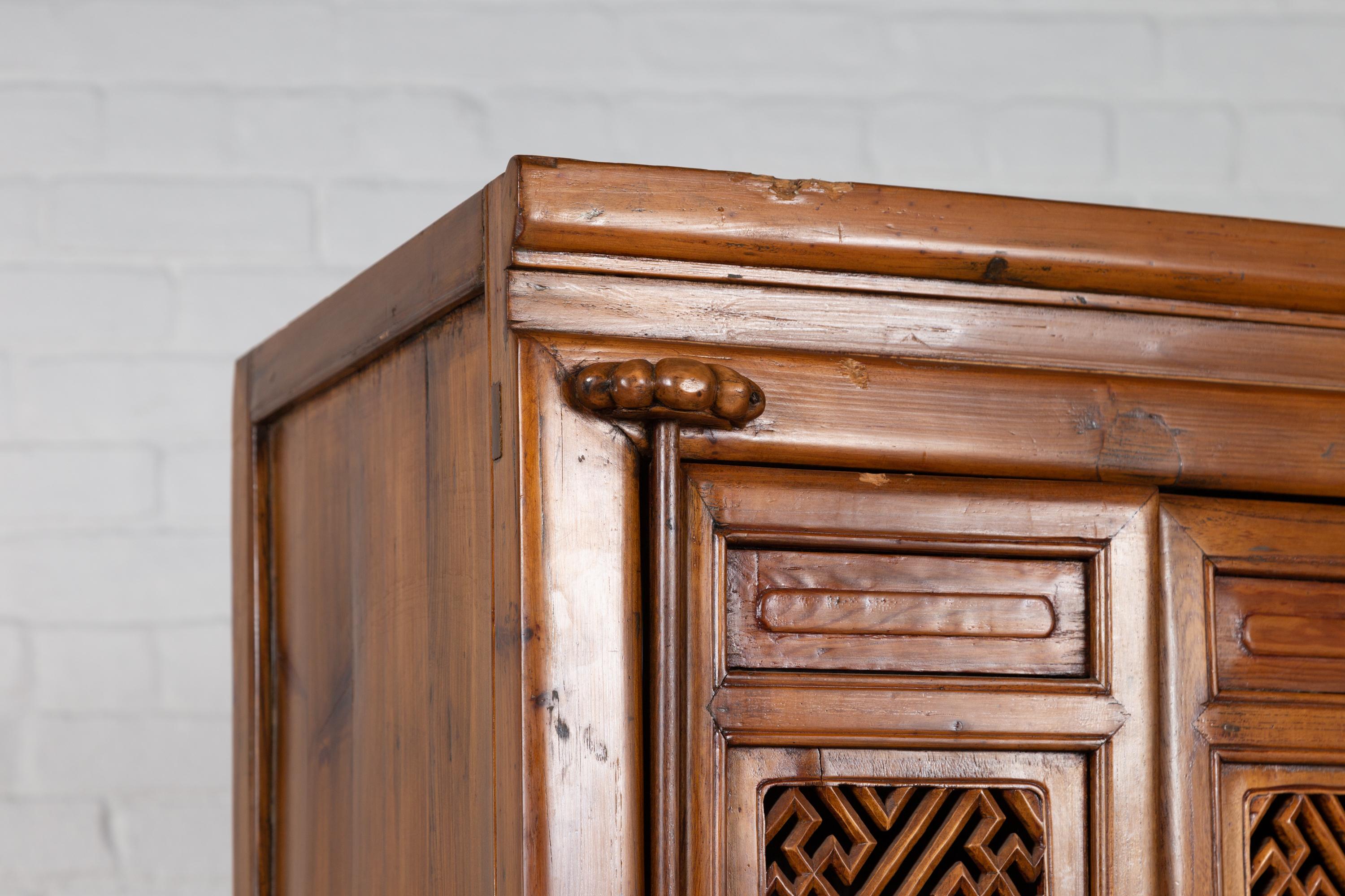 Antique Chinese Slender Kitchen Cabinet with Doors, Drawers and Open Fretwork 9