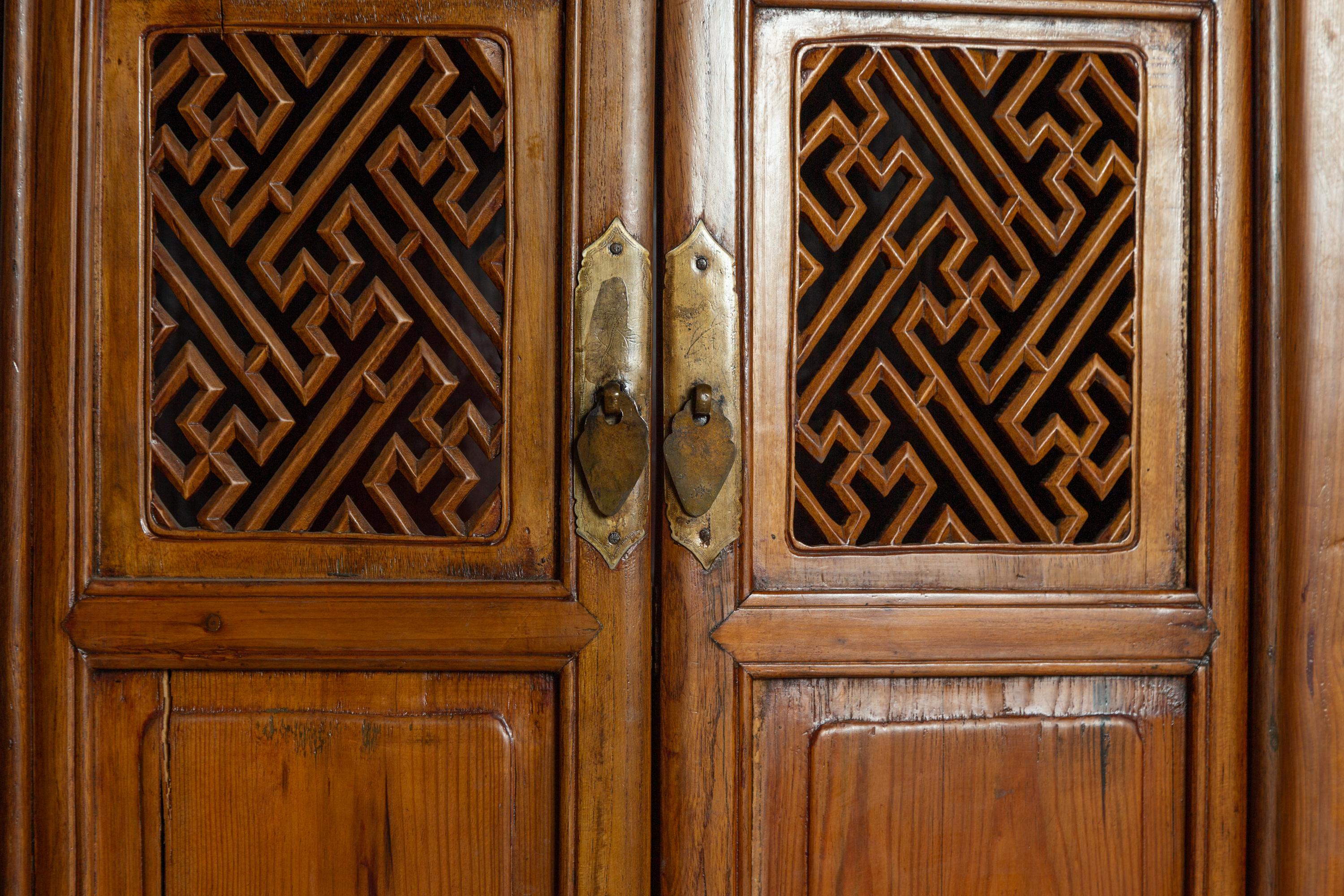 Antique Chinese Slender Kitchen Cabinet with Doors, Drawers and Open Fretwork 10