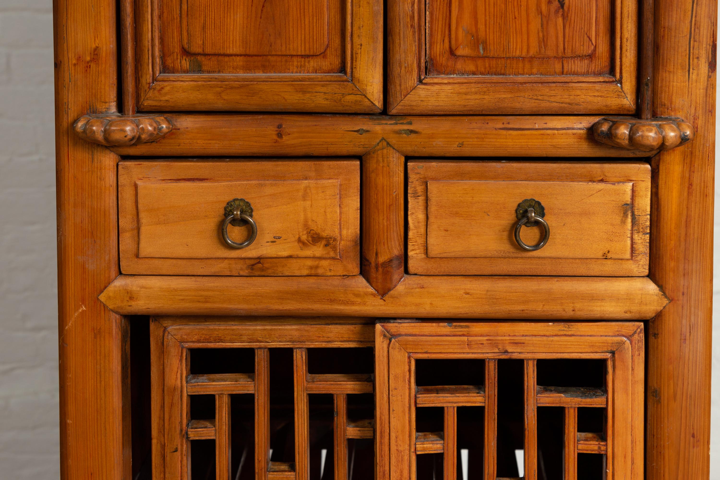20th Century Antique Chinese Slender Kitchen Cabinet with Doors, Drawers and Open Fretwork