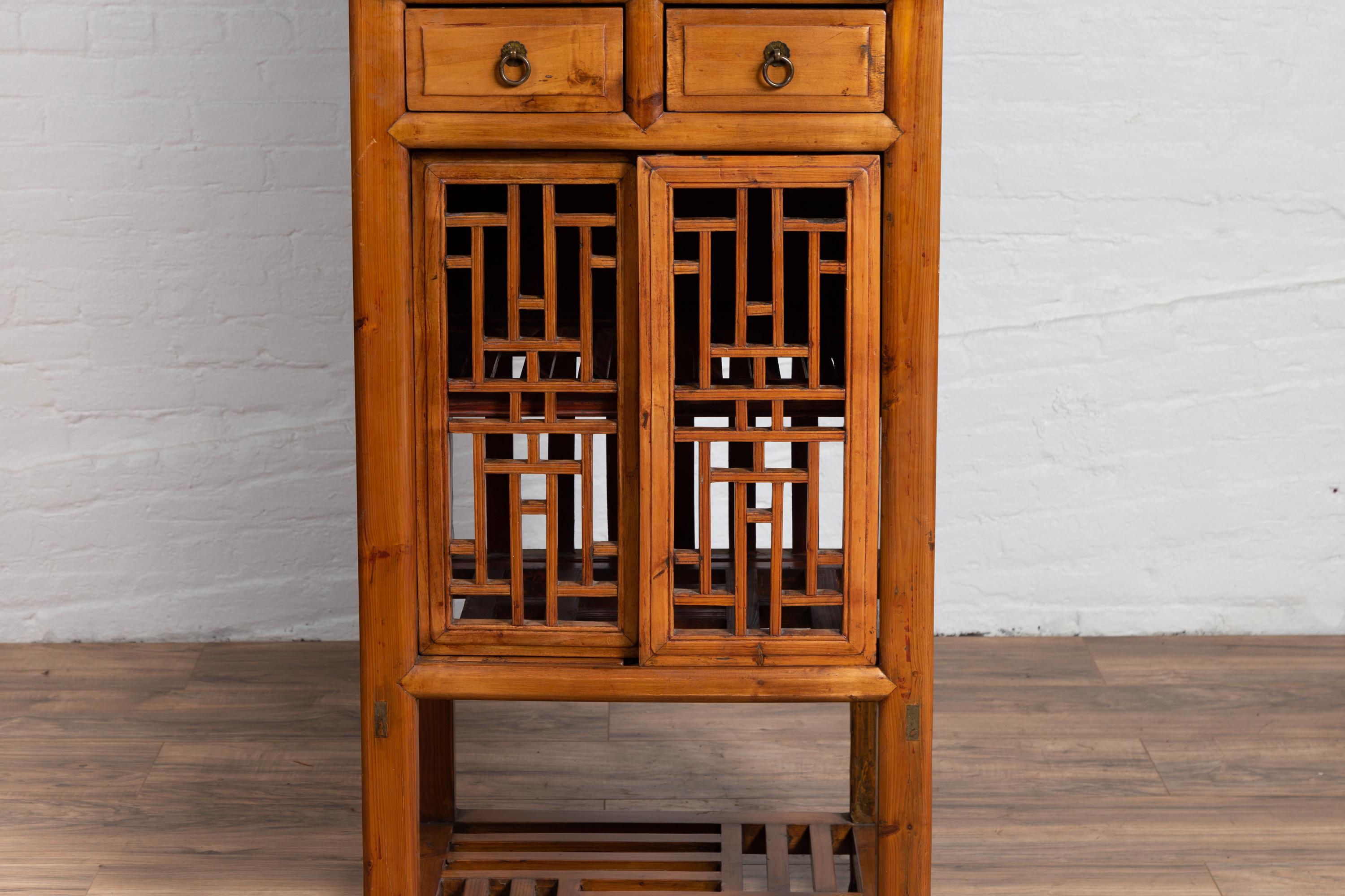 Wood Antique Chinese Slender Kitchen Cabinet with Doors, Drawers and Open Fretwork