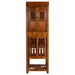 Antique Chinese Slender Kitchen Cabinet with Doors, Drawers and Open Fretwork