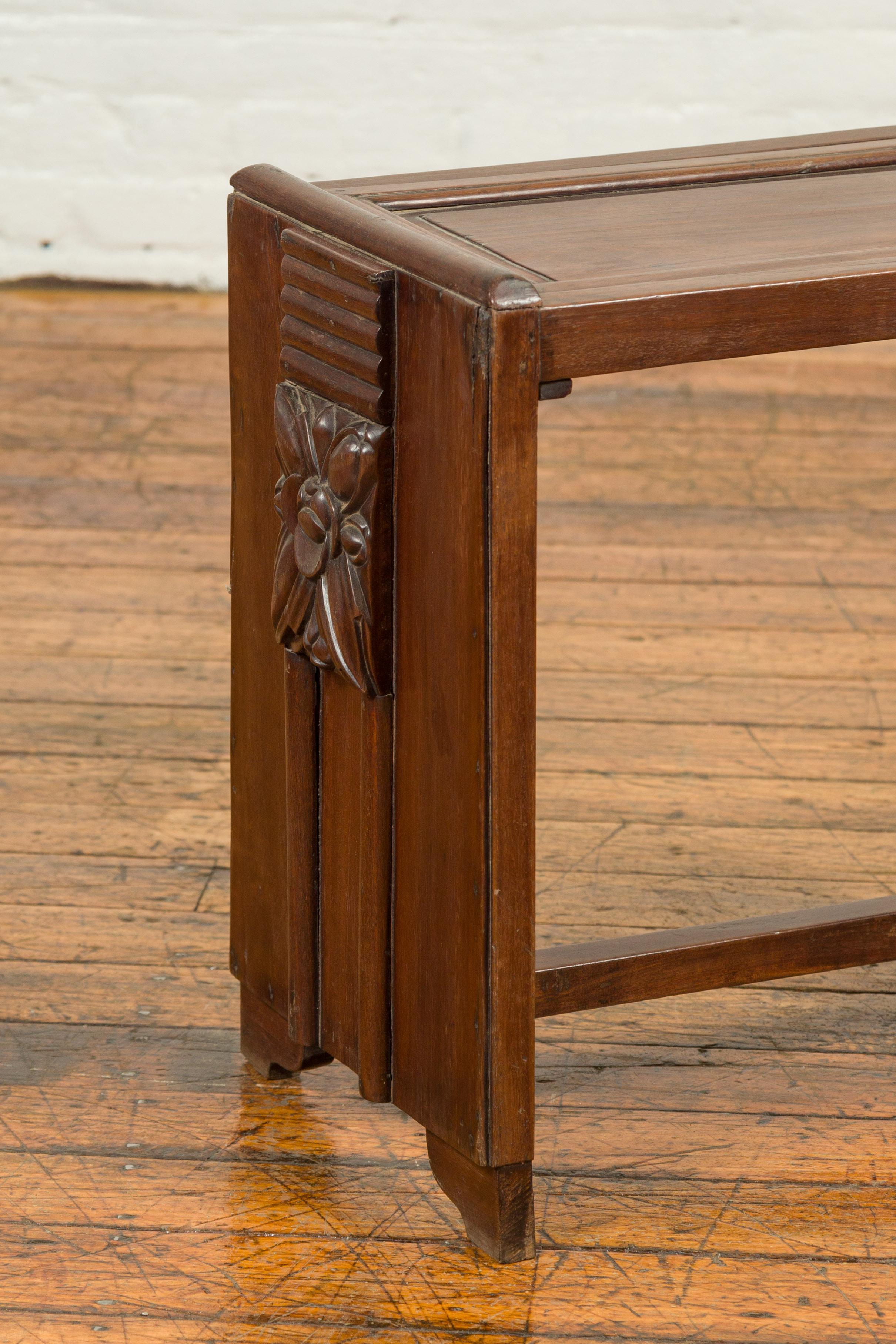 20th Century Antique Chinese Small Side Table with Removable Top and Carved Floral Motifs