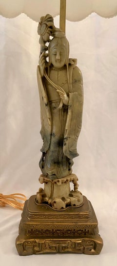 Antique Chinese Soapstone Figure of Buddhist Deity "Quan Yin" Lamp, circa 1890