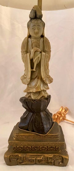 Antique Chinese Soapstone Figure of Buddhist Deity "Quan Yin" Lamp, circa 1890