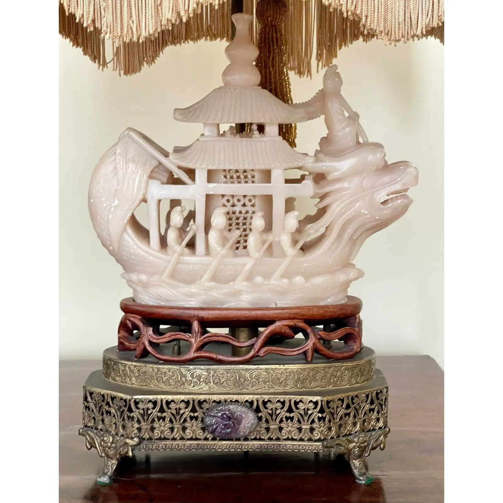 Chinoiserie Antique Chinese Soapstone Ship Sculpture Designer Table Lamp, 1910s