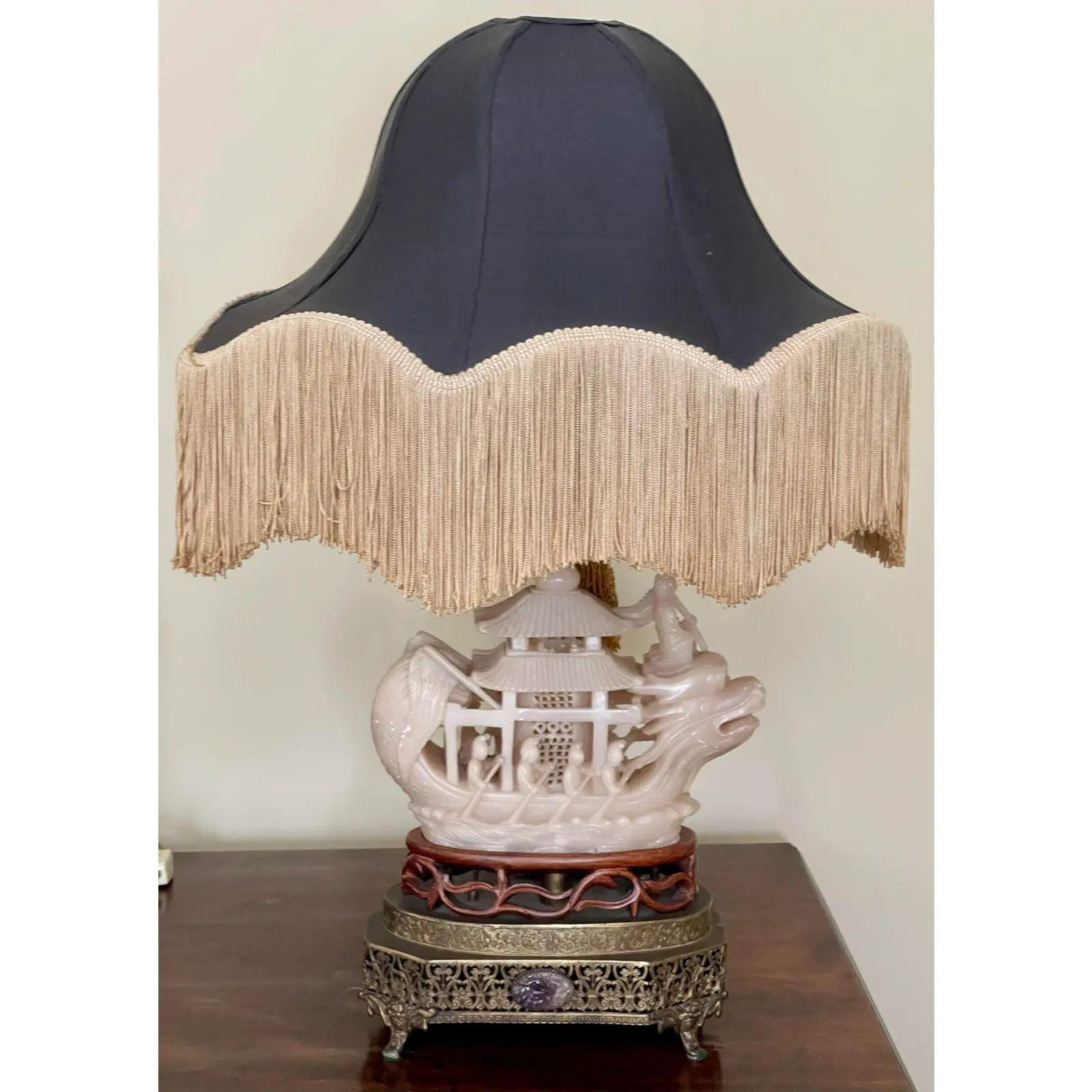 Antique Chinese Soapstone Ship Sculpture Designer Table Lamp, 1910s In Good Condition In LOS ANGELES, CA