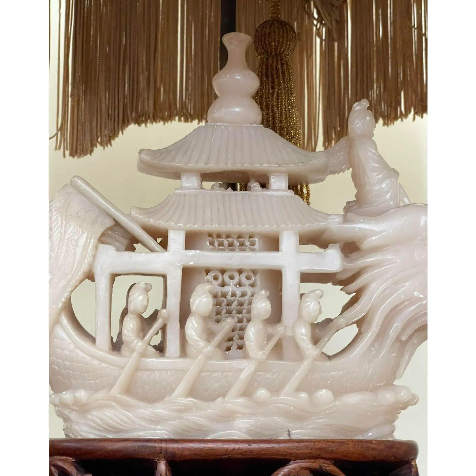 20th Century Antique Chinese Soapstone Ship Sculpture Designer Table Lamp, 1910s