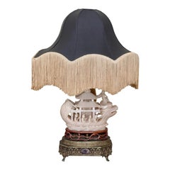 Antique Chinese Soapstone Ship Sculpture Designer Table Lamp, 1910s