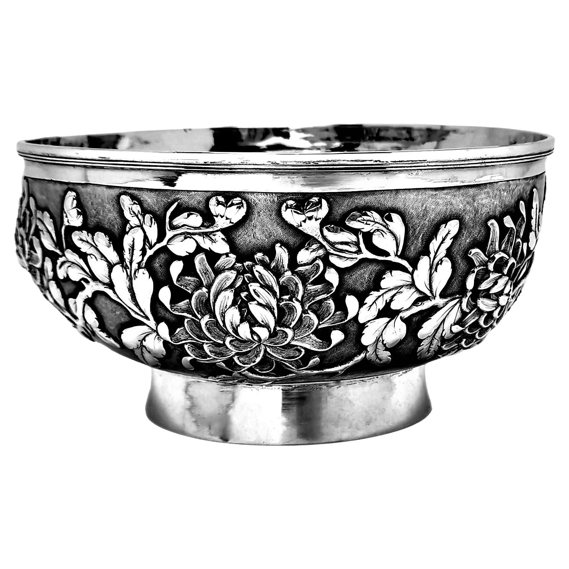 Antique Chinese Solid Silver Bowl / Dish c. 1890 Luen Wo, Shanghai