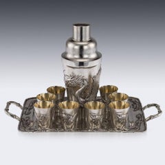 Antique Chinese Solid Silver Dragon Cocktail Set on Tray, circa 1910