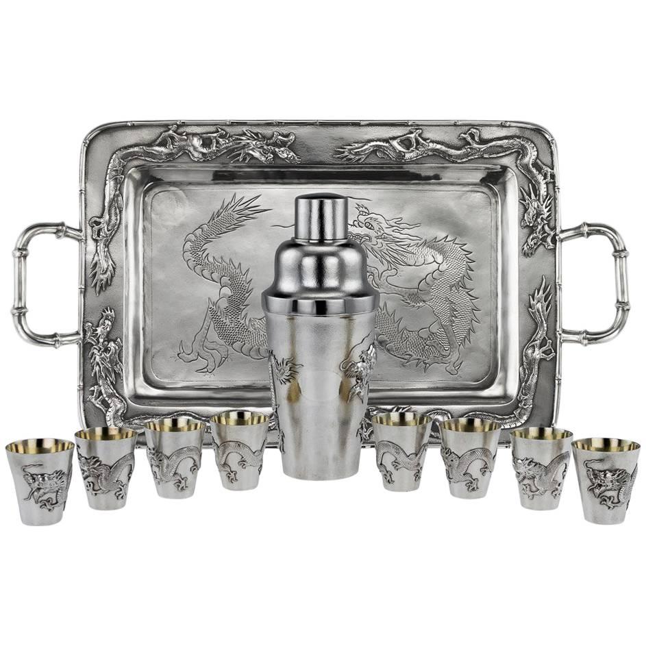 Antique Chinese Solid Silver Dragon Cocktail Set on Tray, circa 1910