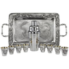 Antique Chinese Solid Silver Dragon Cocktail Set on Tray, circa 1910