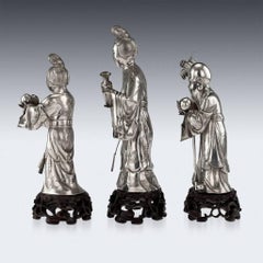 Antique Chinese Solid Silver Immortal Figures, Feng Xiang, circa 1880