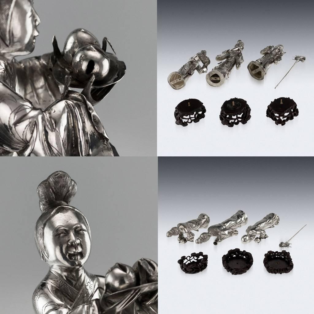 Antique Chinese Solid Silver Immortal Figures, Feng Xiang, circa 1880 In Good Condition In Royal Tunbridge Wells, Kent
