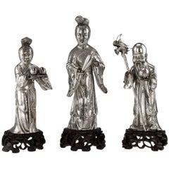 Antique Chinese Solid Silver Immortal Figures, Feng Xiang, circa 1880