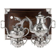 Vintage Chinese Solid Silver Large Dragon Five-Piece Tea Set, Zeesung circa 1910