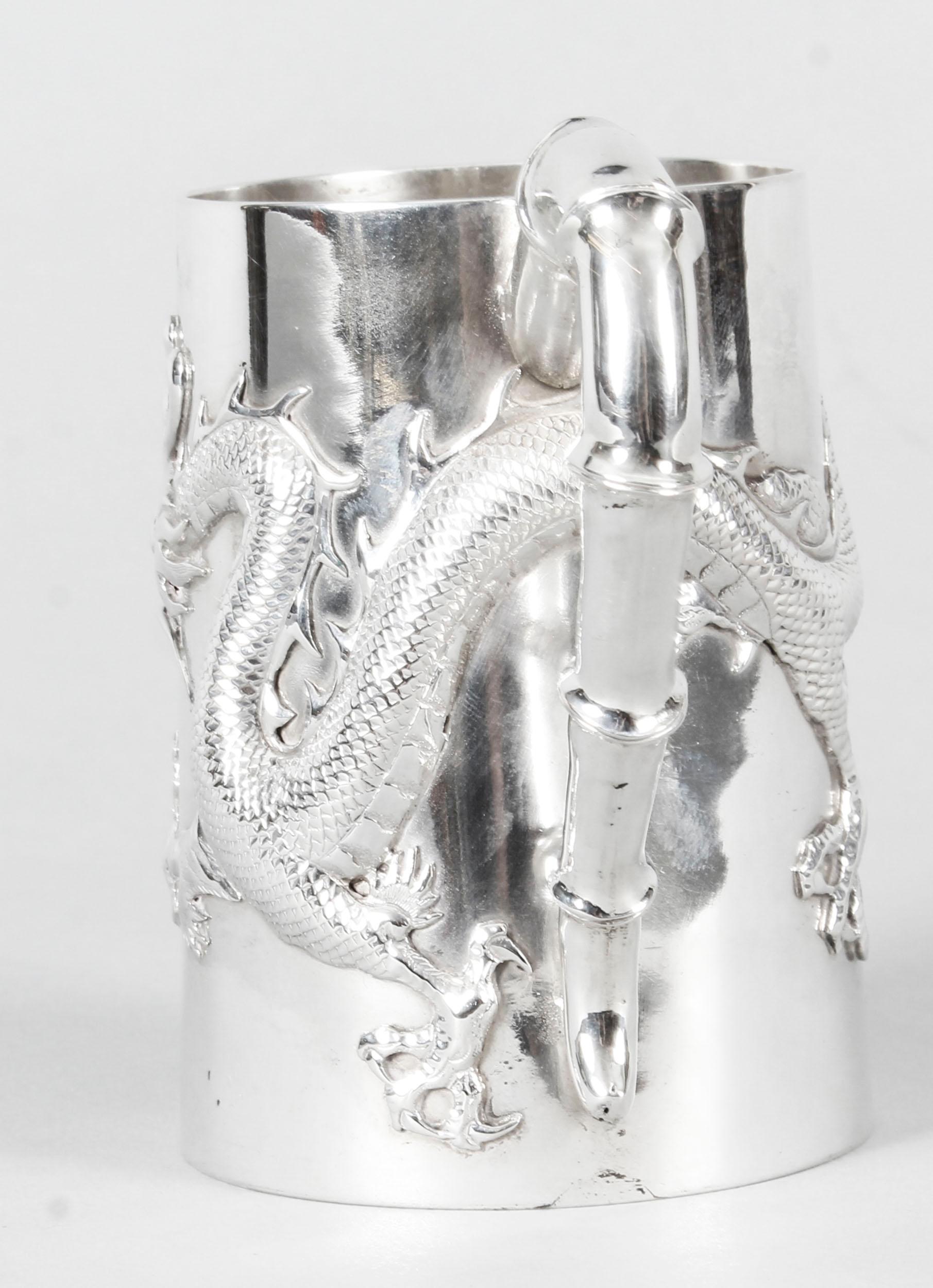 Chinese Solid Silver Mug by Hung Chong with Dragon Monogram, Early 20th Century 6