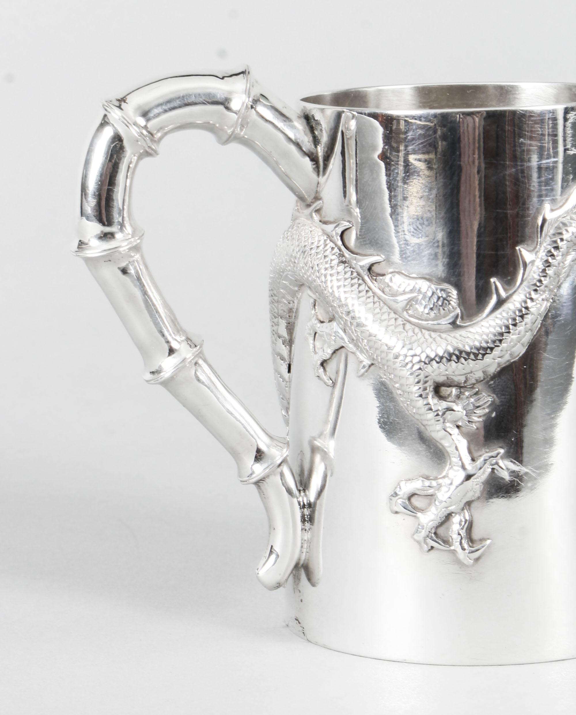 Chinese Solid Silver Mug by Hung Chong with Dragon Monogram, Early 20th Century 7