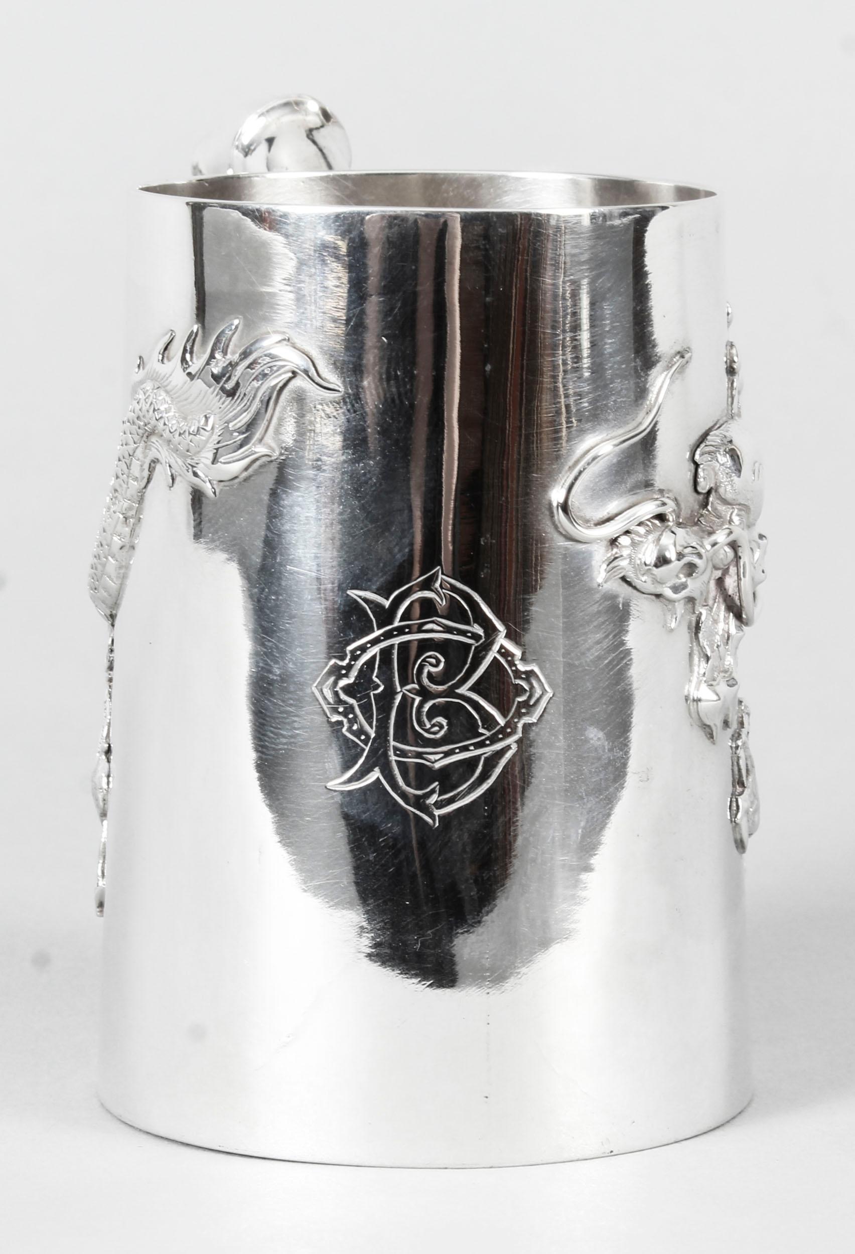 Chinese Solid Silver Mug by Hung Chong with Dragon Monogram, Early 20th Century 10