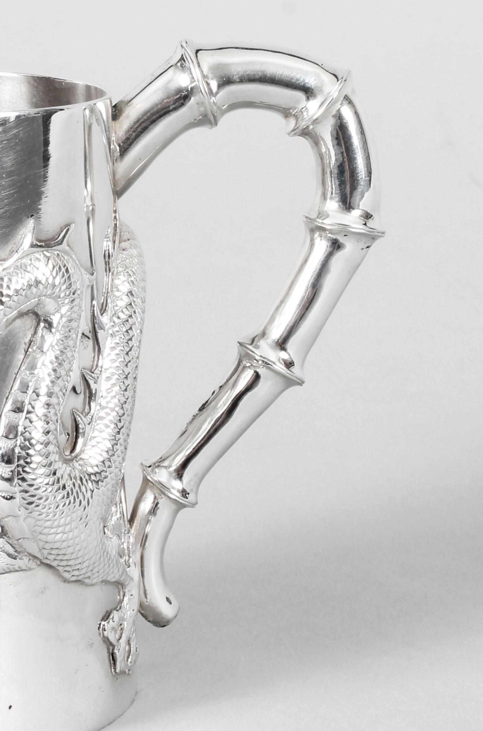 Chinese Solid Silver Mug by Hung Chong with Dragon Monogram, Early 20th Century 12