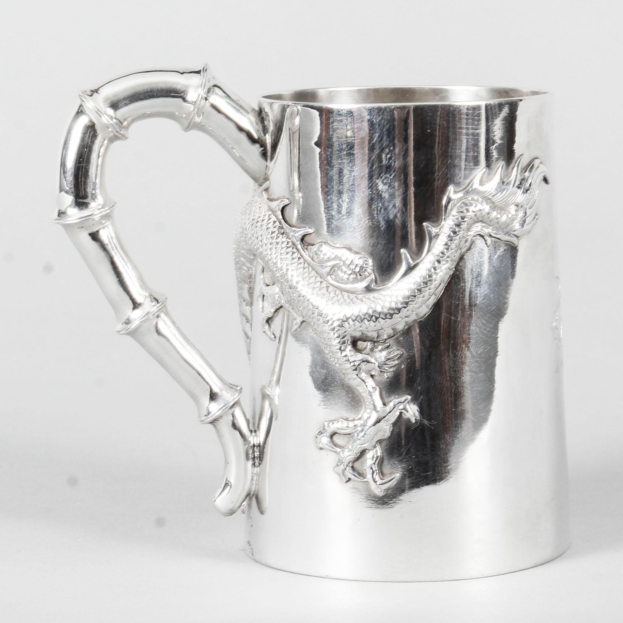 Chinese Solid Silver Mug by Hung Chong with Dragon Monogram, Early 20th Century 1
