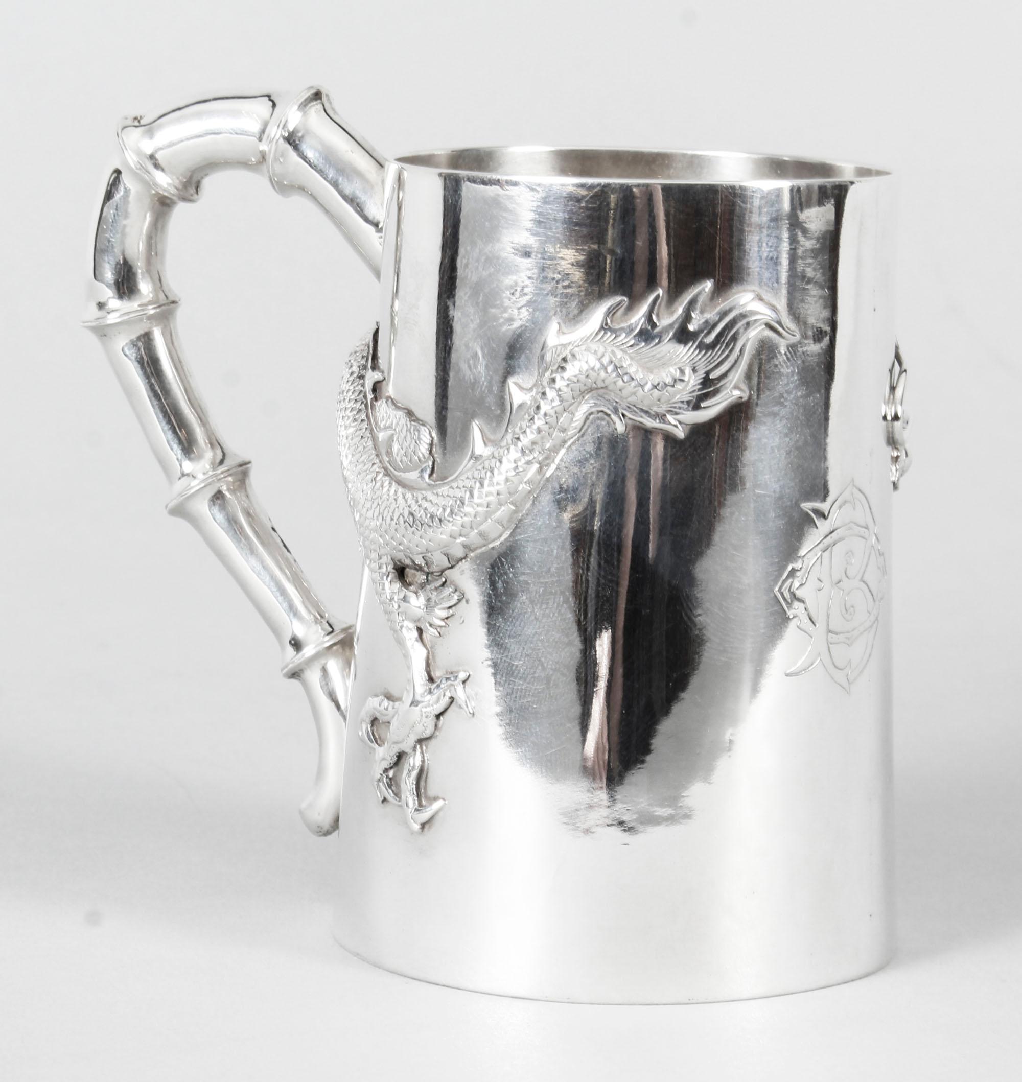 Chinese Solid Silver Mug by Hung Chong with Dragon Monogram, Early 20th Century 2