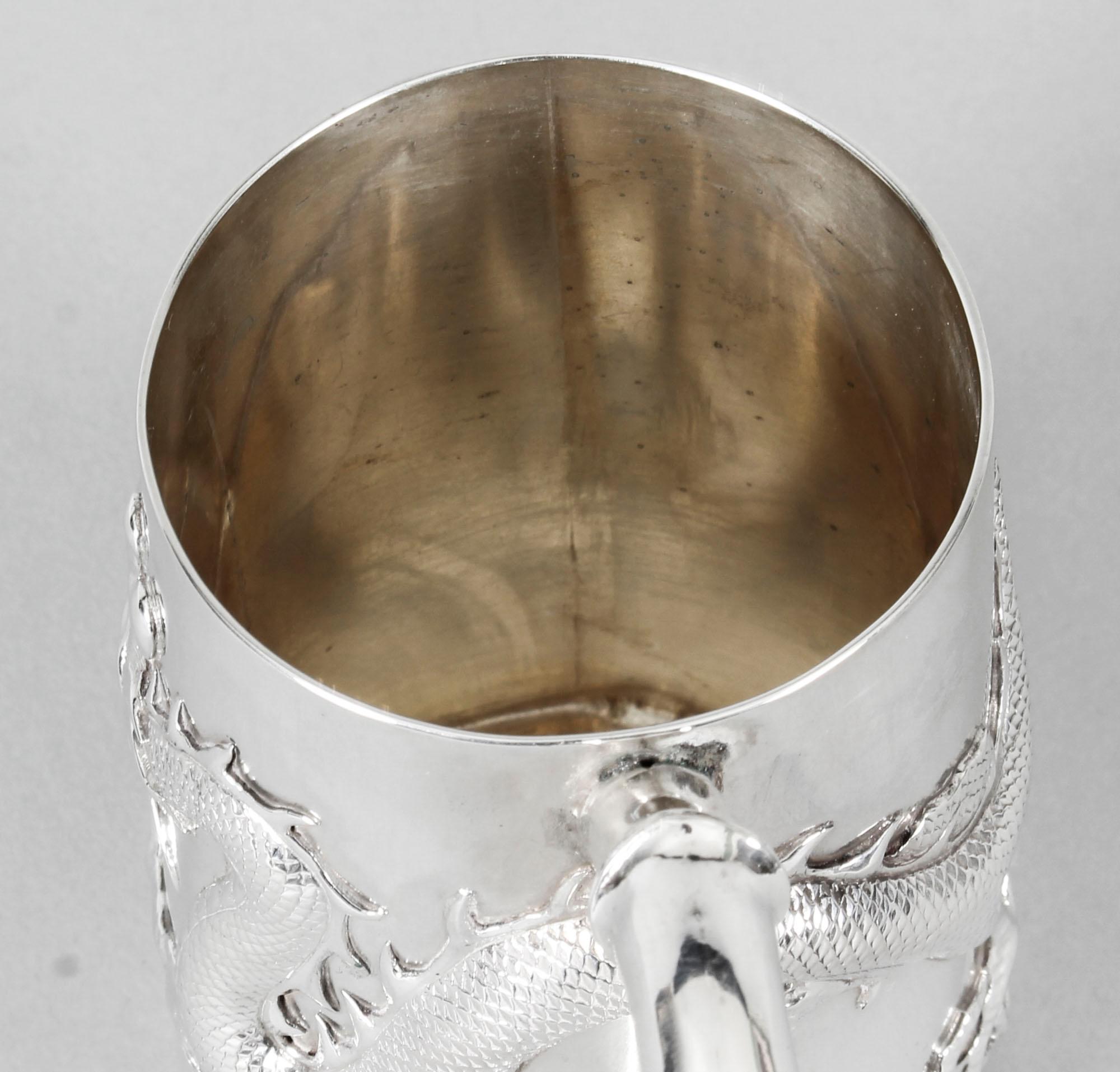 Chinese Solid Silver Mug by Hung Chong with Dragon Monogram, Early 20th Century 5