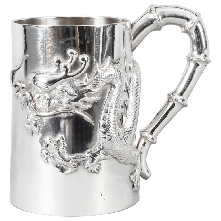 Chinese Solid Silver Mug by Hung Chong with Dragon Monogram, Early 20th