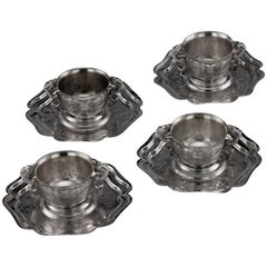 Antique Chinese Solid Silver Set of Four Tea Cups and Saucers, circa 1880