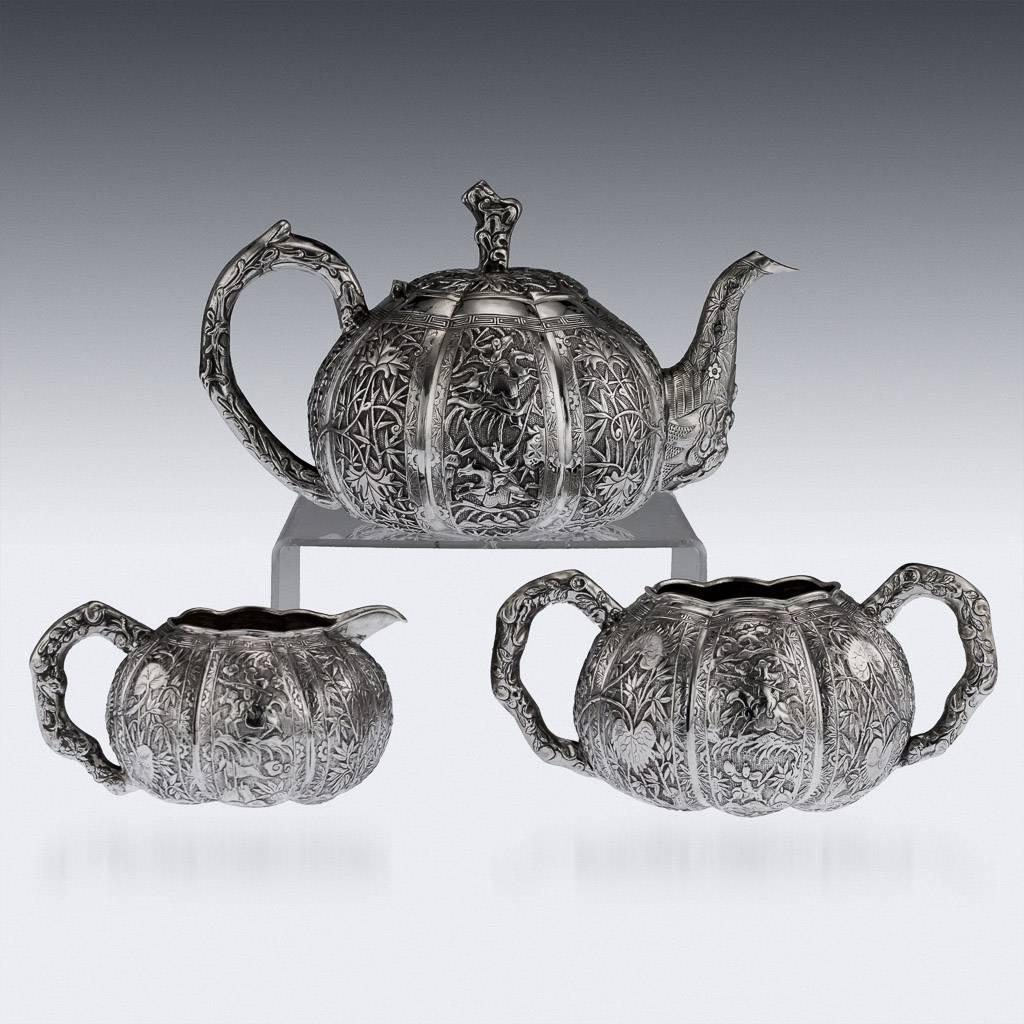 Chinese Export Antique Chinese Solid Silver Tea Set, Tu Mao Xing, Jiangxi, circa 1880