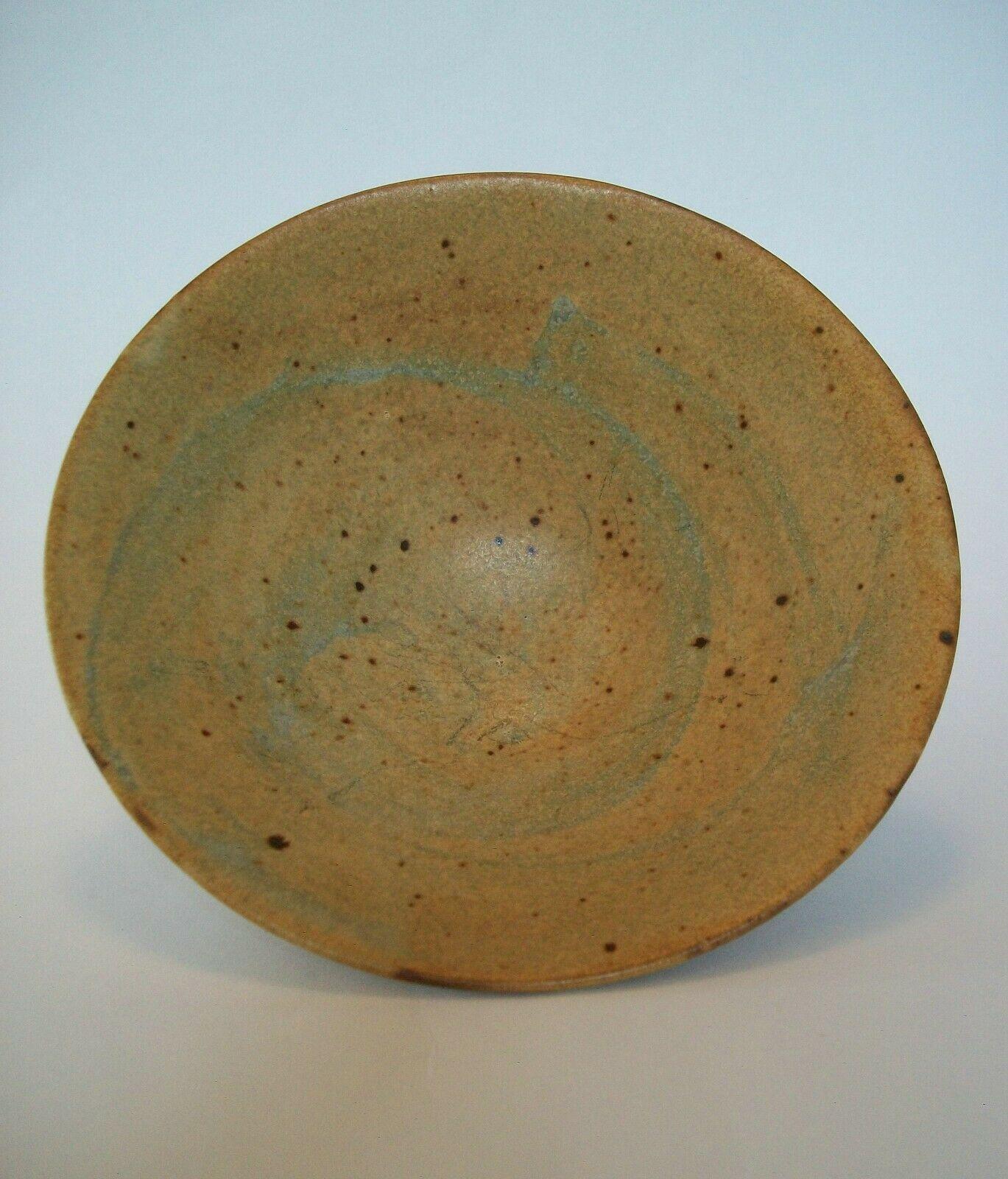 Song Dynasty style Jun type ware conical ceramic bowl - matte caramel glaze with subtle celadon swirl decoration to the interior and splash decoration to the sides - 'earthworm track markings' on the surface of the glaze (with magnification) -