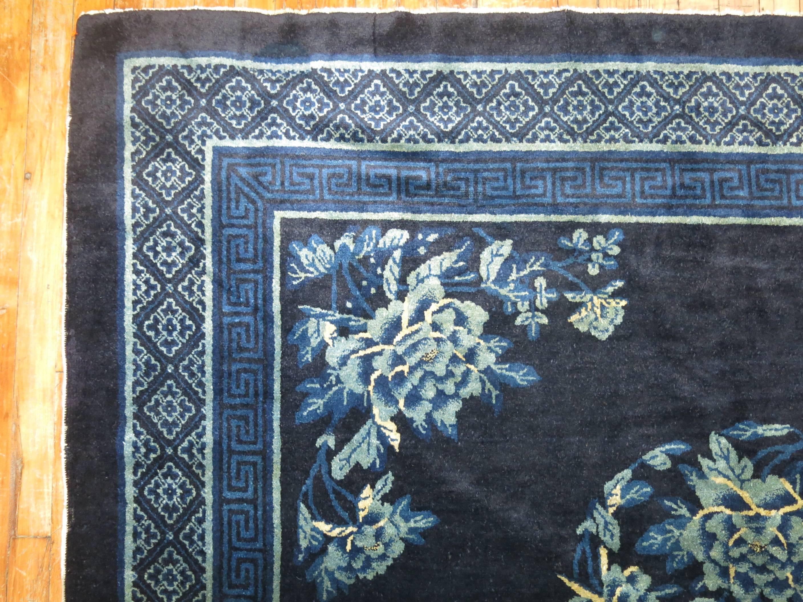 Midnight Blue Antique Chinese Square Peking Rug For Sale 1
