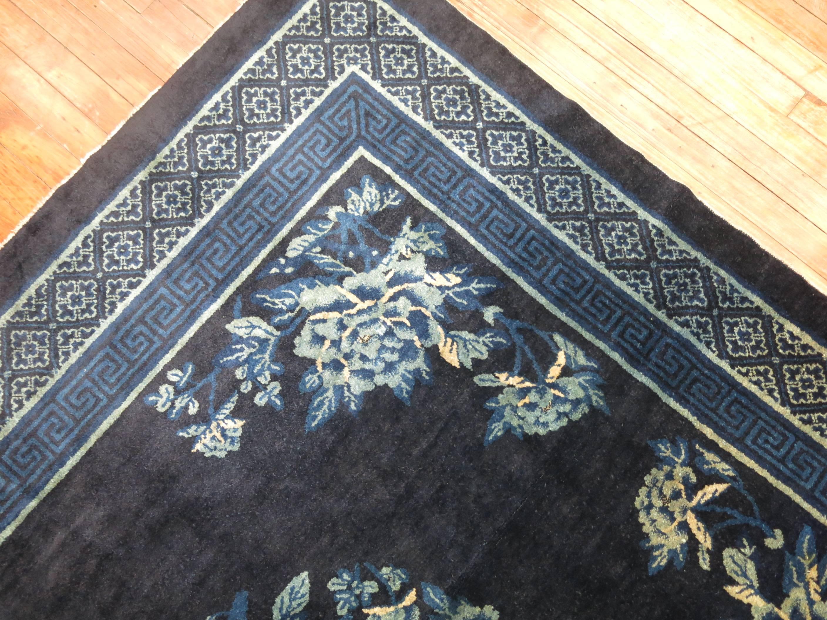 Midnight Blue Antique Chinese Square Peking Rug For Sale 2
