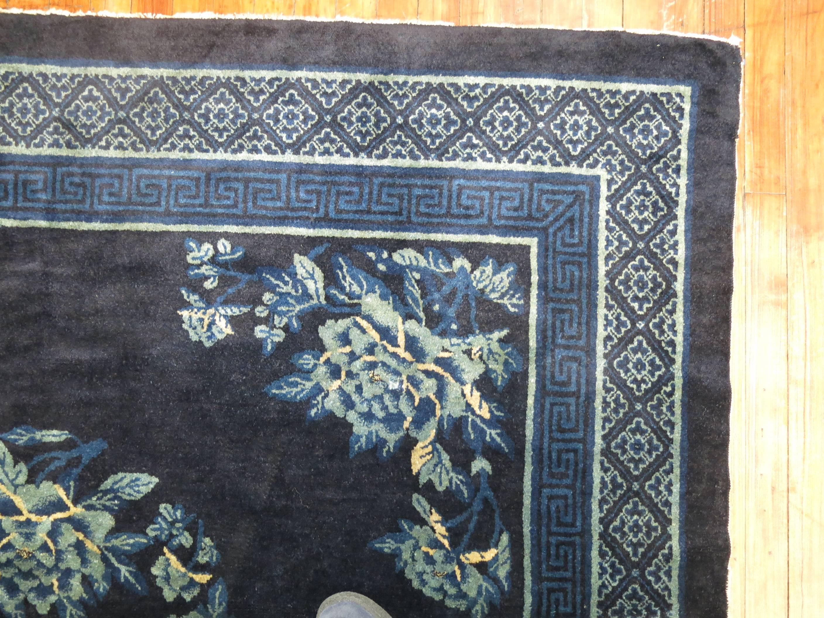 Romantic Midnight Blue Antique Chinese Square Peking Rug For Sale