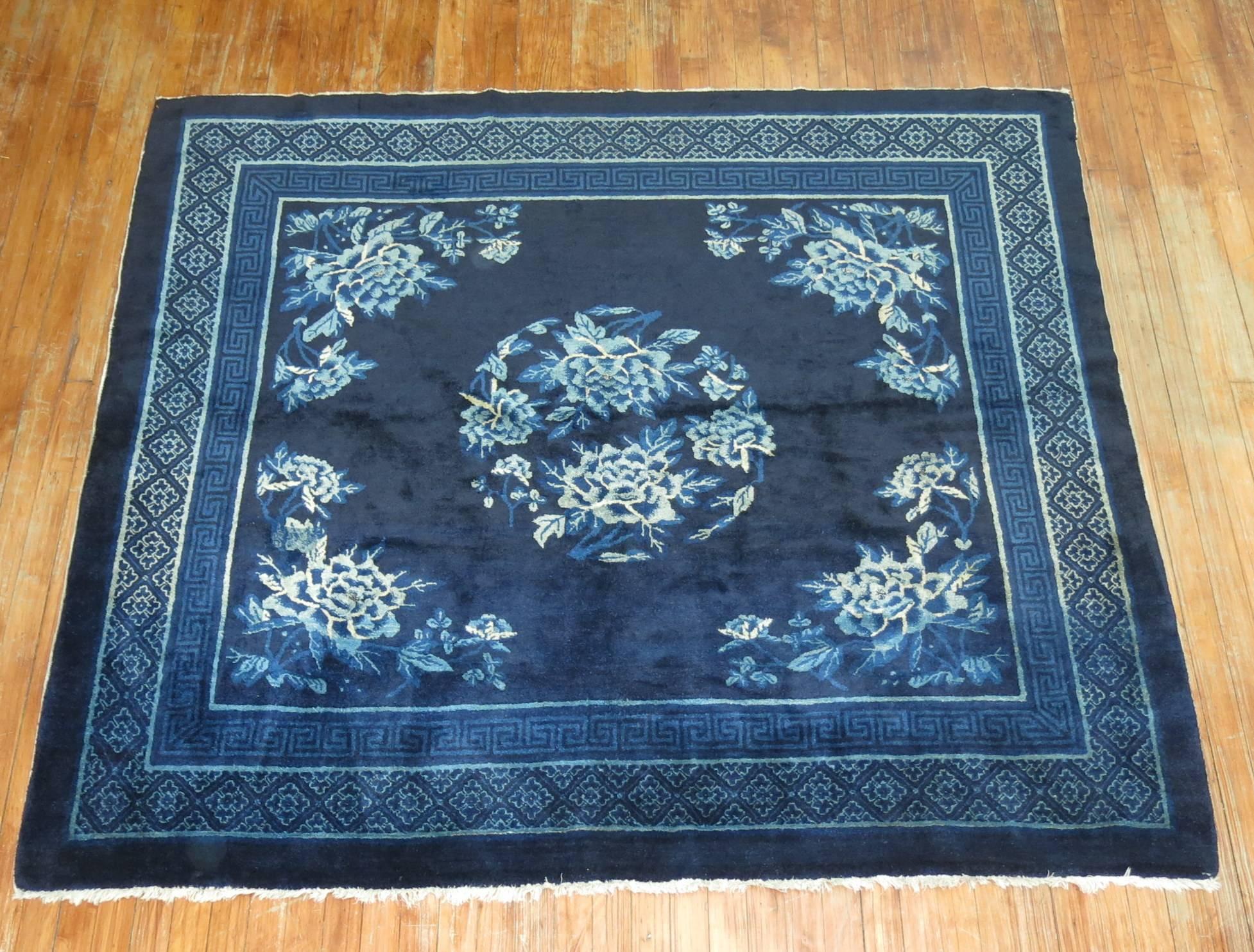 Hand-Woven Midnight Blue Antique Chinese Square Peking Rug